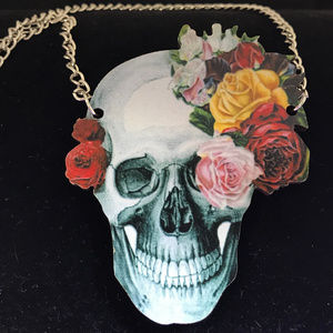 Wood Halloween Day of the Dead Skull Necklace